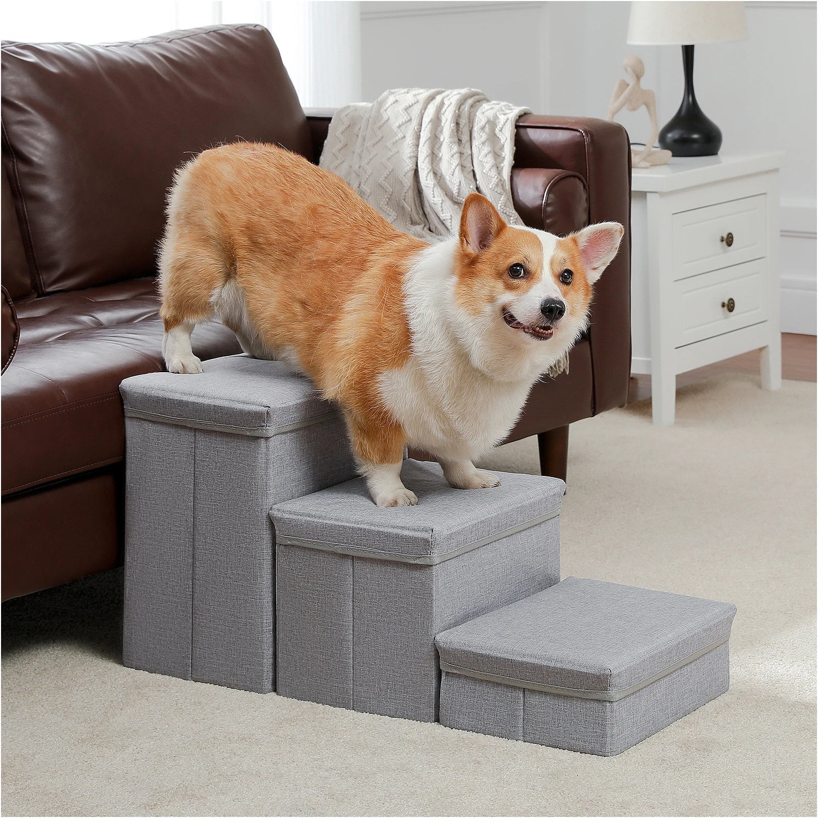 3Tier Dog Stairs for Small Foldable Pet Stair with Storage Box and