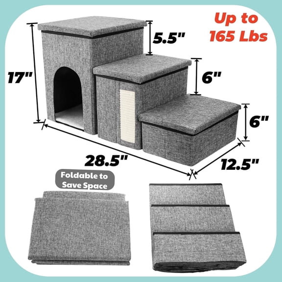 3-Tier Dog Stairs with Storage and Cat Scratch Pad, Foldable Pet Step for Small Dogs Cats Up to 165lbs, Grey Linen Ramp for Bed Couch