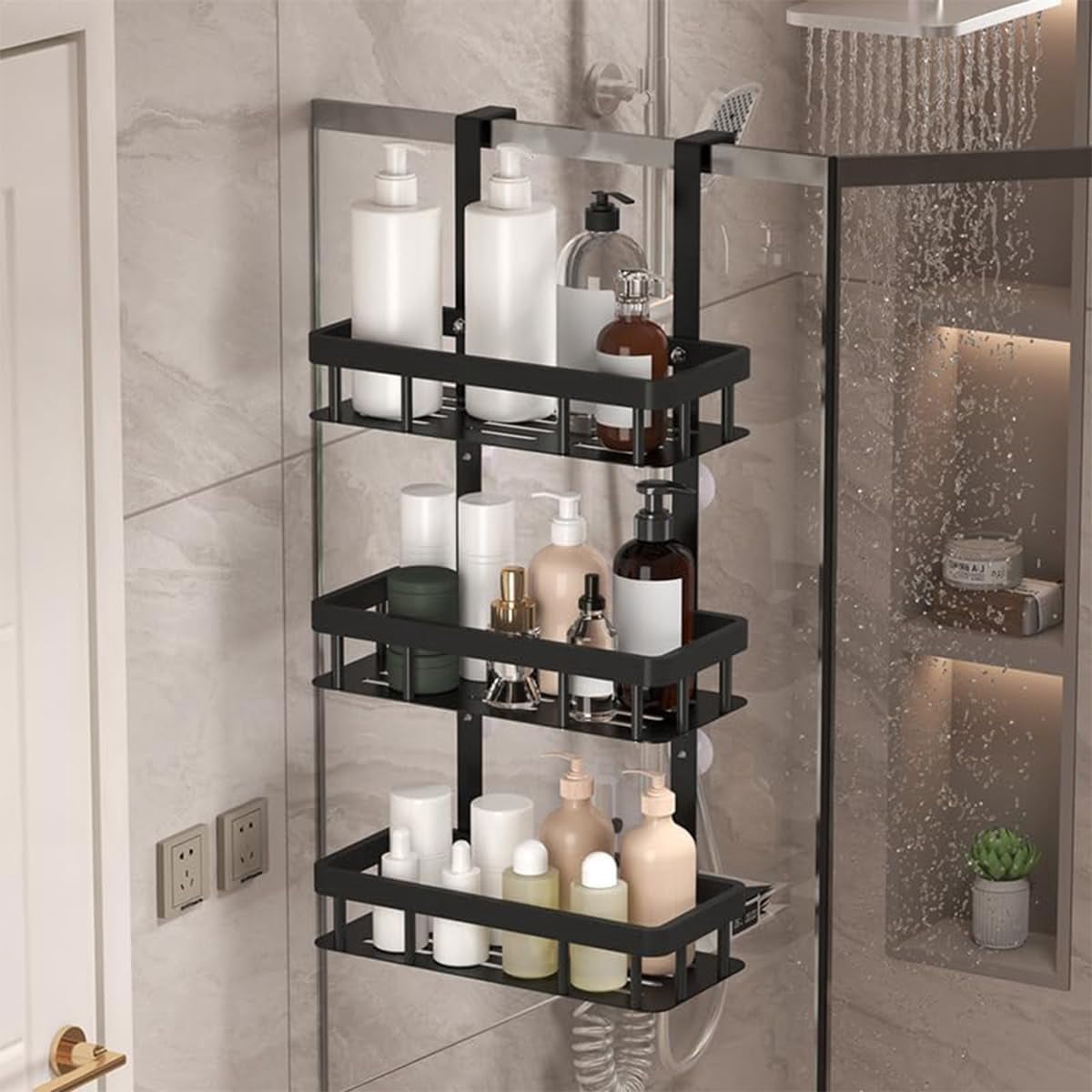 Toiletry Rack 3-Tier Over Door Shower Caddy, Black Metal Bathroom Storage Rack, 11 ...