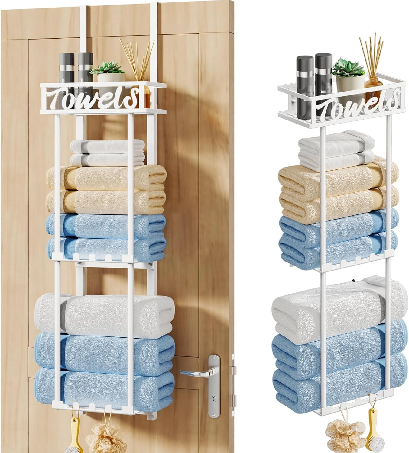 3 Tier over the Door Towel Rack with Metal Shelf Basket and 6 Hooks, Wall Mount Towel Holder ...