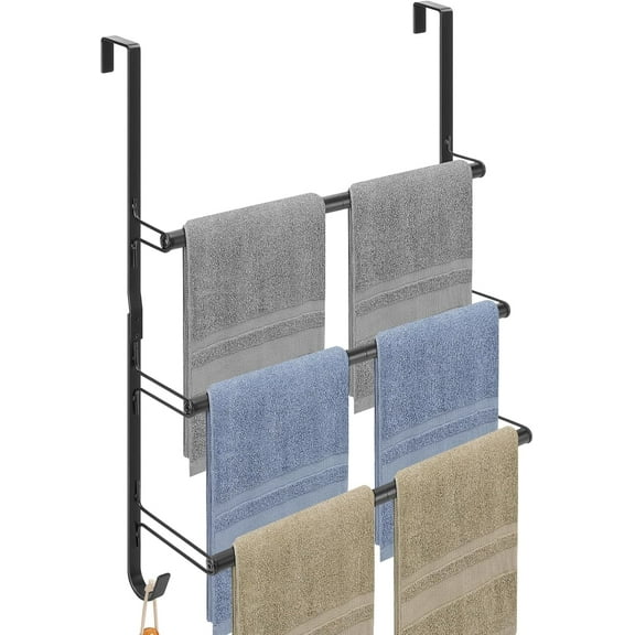 3-Tier Over The Door Towel Rack, All Metal Towel Rack with Hooks for Door Hanging, Behind Door Towel Bar Towel Storage Holder for Bathroom Accessories, Black (19.37" L x 5.9" W x 24.4" H)