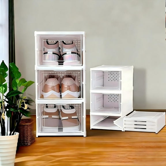 3 Tier Drop Front Shoe Storage Boxes, No Assembly Stackable Shoe Organizer Bins with Clear Door, Free Standing Shoe Shelf Cabinet with Lids, Plastic Shoe Rack for Closet Entryway
