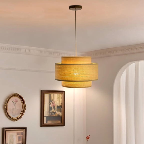 Booniture 3-Tier Drum Bamboo Pendant Light, E26 Base with Dimmer Switch, 15.8 Inch Wide, Test Bulb Included, for Kitchen Island & Dining Room, Natural