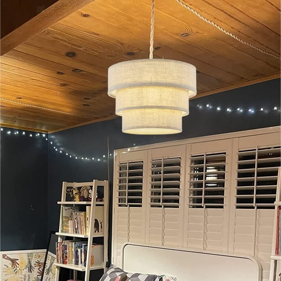 3-Tier Drum Linen Plug in Pendant Light with15ft Hemp Rope Cord E26 Dimmer Switch Hanging Lights Fixture Plug in Chandelier for Kitchen Island Dining Room Entryway Hallway-1Pack