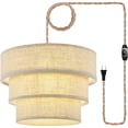 thumbnail image 1 of 3-Tier Drum Linen Plug in Pendant Light with15ft Hemp Rope Cord E26 Dimmer Switch Hanging Lights Fixture Plug in Chandelier for Kitchen Island Dining Room Entryway Hallway-1Pack, 1 of 6