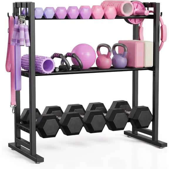 3 Tier Dumbbell Rack Stand, Adjustable Width Weight Rack for  Gym with  Base & 6 Side Hooks, Heavy Duty 450LBS Capacity Weight Storage Organizer for Dumbbells and Kettlebells