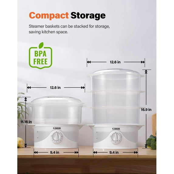 3 Tier Electric Food Steamer, 800W Healthy Cooking, 9.6 QT White Steam Cooker with Timer