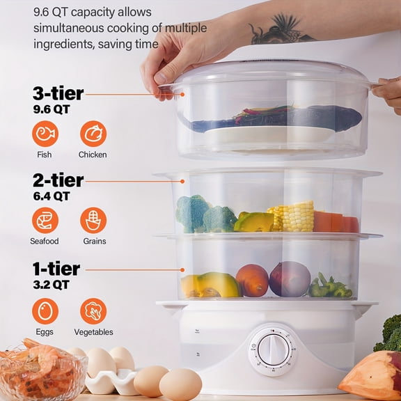 3-Tier Electric Food Steamer 800W - 9.6QT Large Capacity, 60 Min Timer, Boil-Dry Protection, Dishwasher Safe, BPA-Free for Vegetables Dumplings Family Meals, White