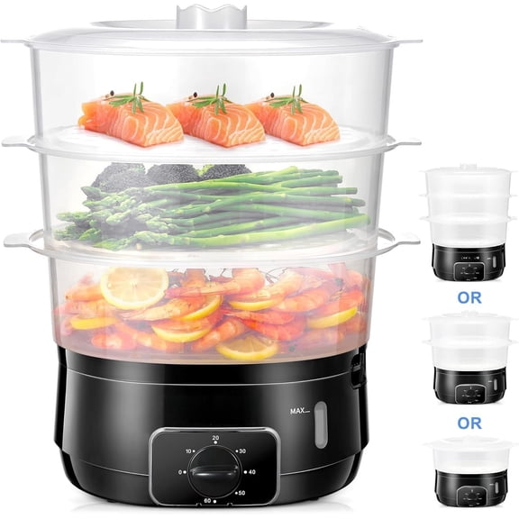 3 Tier Electric  Steamer for Cooking, 13.7QT Vegetable Steamer for  Simultaneous Cooking, Veggie Steamer,  Steam Cooker, 60 Minute Timer,  Baskets, 800W(Black)