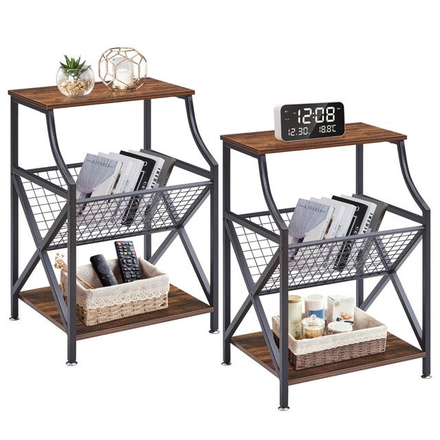 3Tier End/Side/Bedside Table Small Nightstand with Open Magazine