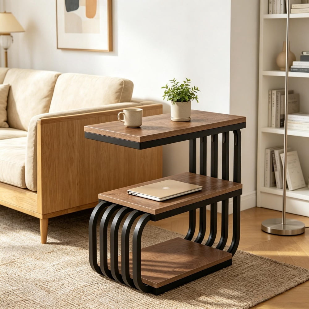 3-Tier End Table, Industrial Farmhouse Side Table with Matte Black Metal Frame, MDF Shelf with Adjustable Pads for Living Room Bedroom Office