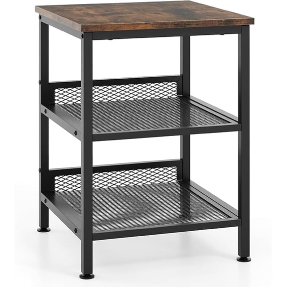 3-Tier End Table, Industrial Telephone Table with 2 Mesh Storage Shelves, Metal Frame, 16 Inch Square Sofa Side Table Nightstand for Living Room, Bedroom, Small Space, Rustic Brown