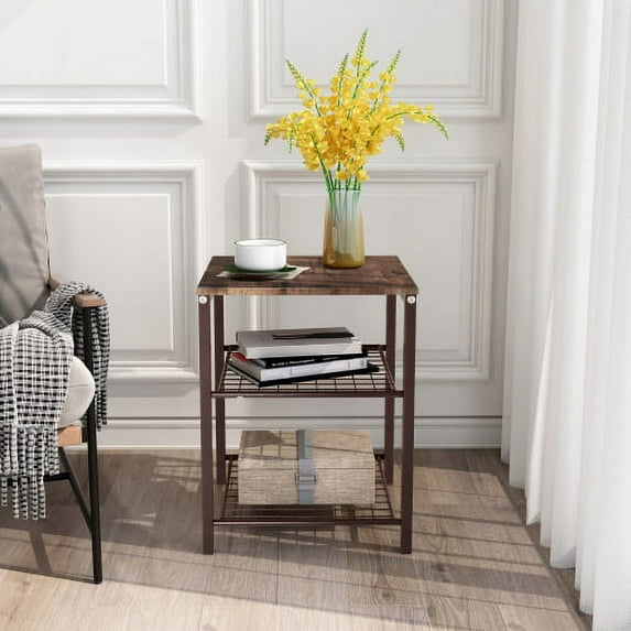 3 Tier End Table with Mesh Storage Shelves, Bedside Table Nightstand with Wood Top and Stable Metal Frame, Side Table for Bedroom Kitchen Living Room Office, Rustic Brown and Brown