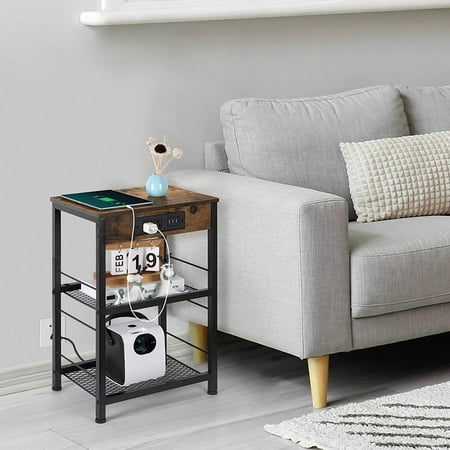 3-Tier End Table Nightstand Sofa Side Table with USB Ports & Outlets for Bedroom