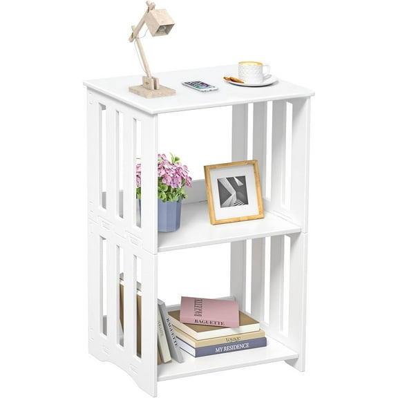 3-Tier End Table Nightstand White, Narrow Side Table with Storage Shelf, Small Bookshelf Bedside Table for Bedroom, Living Room, Office, Bathroom
