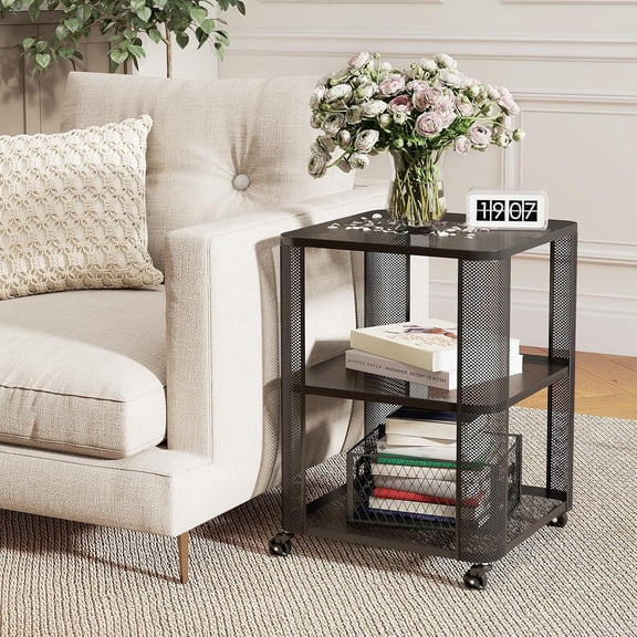 3-Tier End Table, Rolling Side Table w/Open Storage Shelves, Sturdy Mesh Metal Frame & Lockable Wheels, Mobile Small Bedside Night Stand for Bedroom Living Room Office