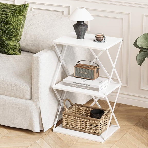 3-Tier End Table Set of 2 Small Side Table Tall Bedside Night Stand with Storage Sofa Side desks for Living Room Bedroom Office Bathroom Small Space White ET-03W-2