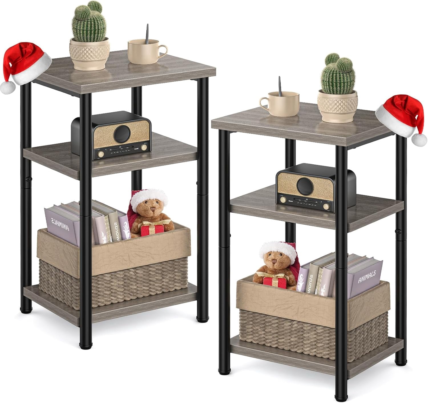 Two Side Tables 3-Tier End Table Set of 2, Side Table with Adjustable Feet, Small ...