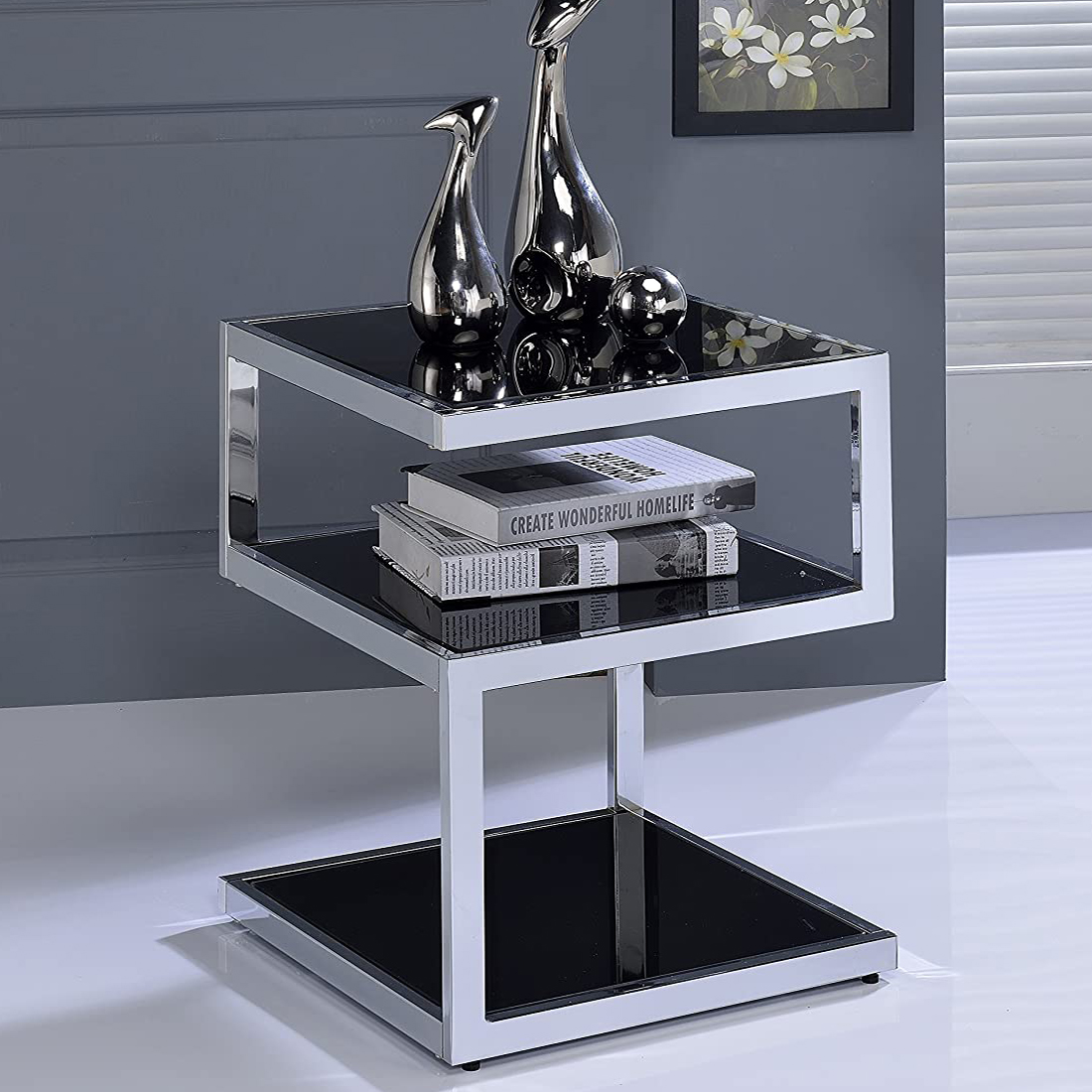 3Tier End Table, Sofa Side Coffee Table with Tempered Glass Shelves
