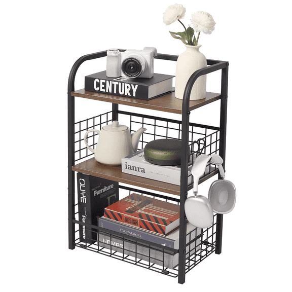 3-Tier End Table with Storage, Metal Frame Industrial Nightstand with Open Shelves , Rustic Brown Bedside Table for Living Room Office Kitchen, Modern Accent Table for Coffee