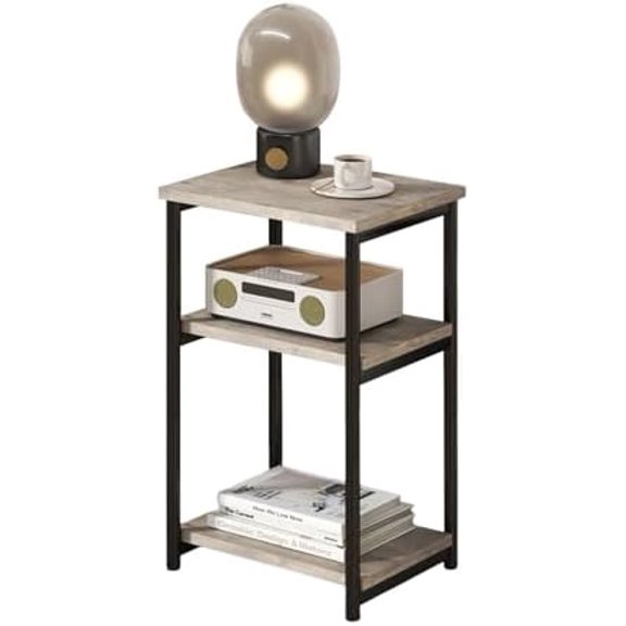 3 Tier End Table, Tall Side Table with Metal Frame, Sofa Couch Tables with Storage for Living Room, Night Stand Storage Shelf for Living Room, Bedroom, Bathroom Gray