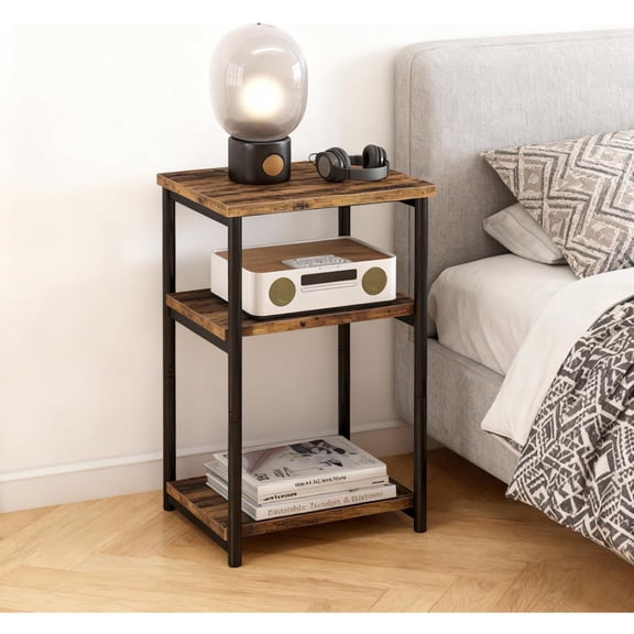 3 Tier End Table, Tall Side Table with Storage, Telephone Tables with Metal Frame Small Nightstand for Small Spaces for Living Room Bedroom Sofa Couch Hall Easy Assembly