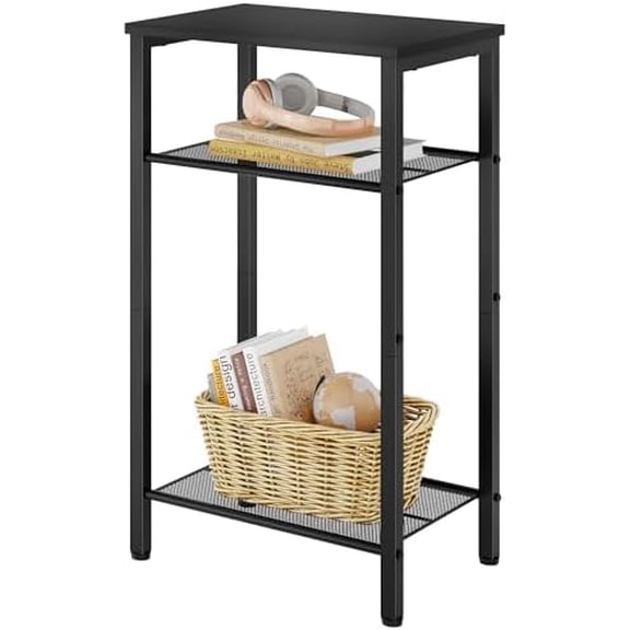 3 Tier End Table, Telephone Table, Tall Side Table with Storage, Small Nightstand for Small Spaces, Metal Frame, For Living Room, Bedroom, Sofa Couch, Hall, Easy Assembly, Black