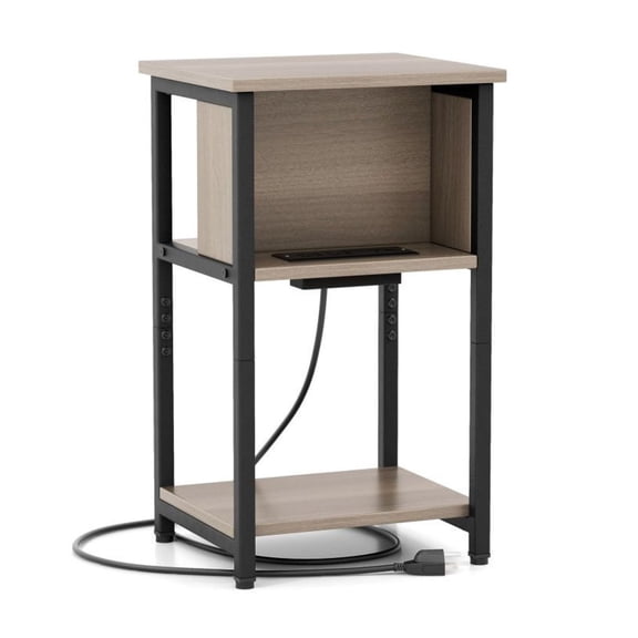 3-Tier End Table with USB Ports & Power Outlets, Side Table with Storage, Modern Nightstand with Charging Station, Living Room & Bedroom Furniture, Gray & Black