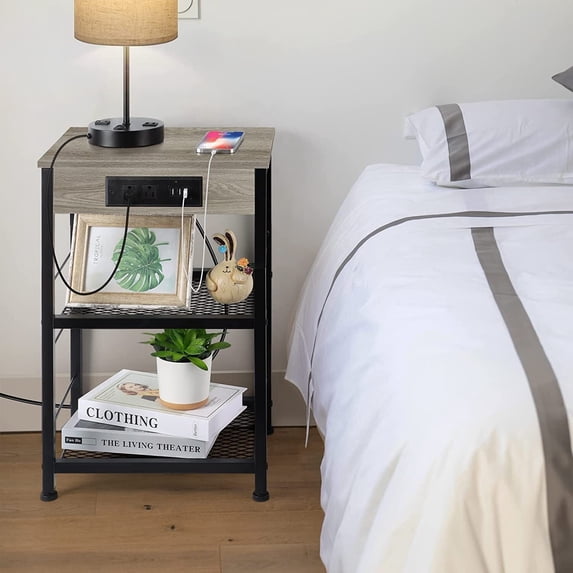 3 Tier End Table with Charging Station Rectangular Nightstand Bedside Table Grey