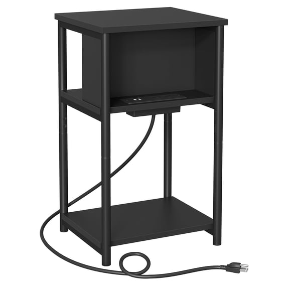 3-Tier End Table with Charging Station Side Table with USB Ports and Outlets Nightstand Black