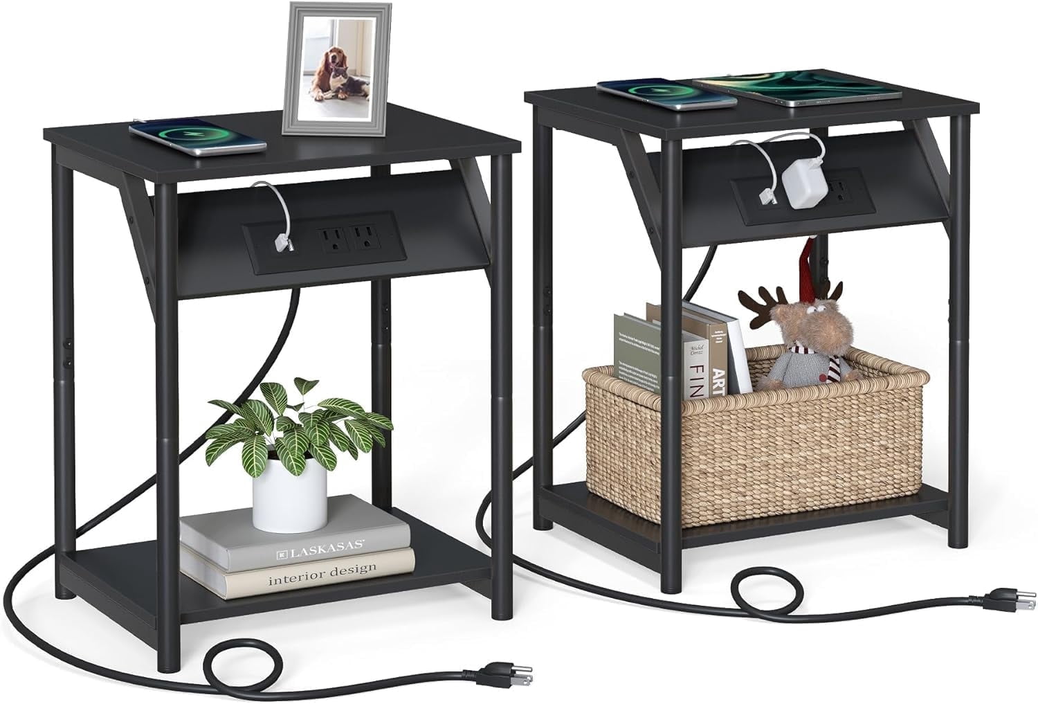 VASAGLE 3-Tier End Table with Charging Station Side Table with USB Ports and Outlets Nightstand Chestnut Brown and Black
