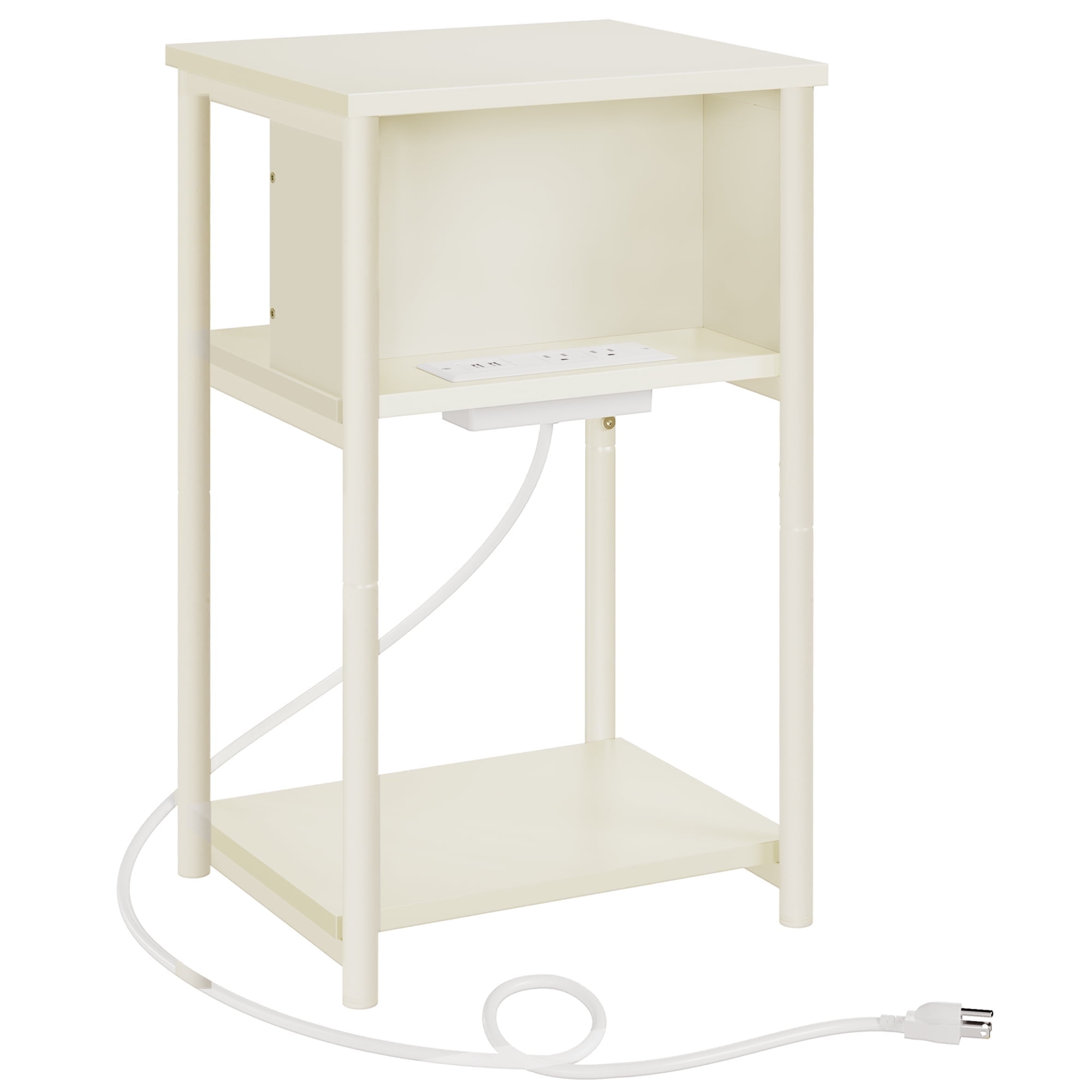 3-Tier End Table with Charging Station Side Table with USB Ports and Outlets Nightstand Cream White