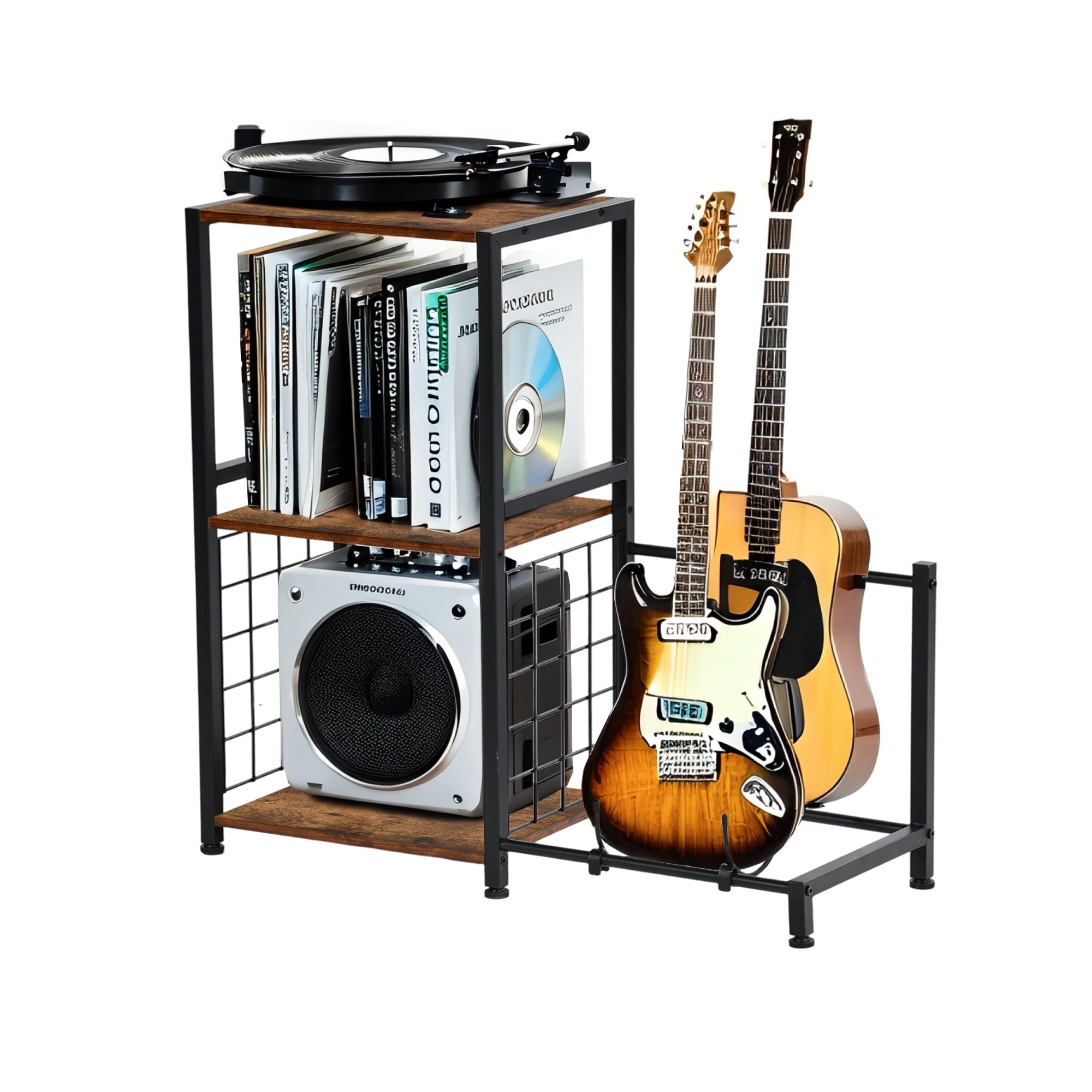 3-Tier End Table with Guitar Stand, 2-Guitar Holder Music Equipment Rack, Storage Shelf for Vinyl Records Audio Gear for Living Room Studio