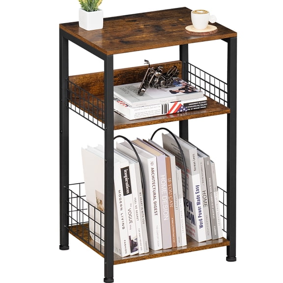 3-Tier End Table with Side Net, Nightstand, Storage Shelf, Turntable Stand with Vinyls Storage for Music Living Room Living Room, Bedroom, Brown