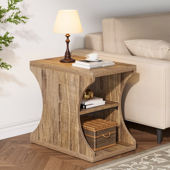 Condemo 3-Tier End Table with Storage - Rustic Farmhouse Nightstand - Adjustable Feet & Space-Saving Design for Bedroom/Living Room (Rustic Brown)