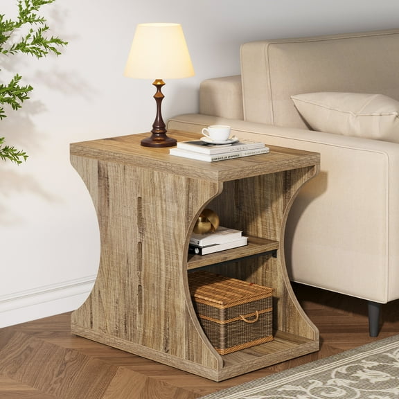 Condemo 3-Tier End Table with Storage - Rustic Farmhouse Nightstand - Adjustable Feet & Space-Saving Design for Bedroom/Living Room (Rustic Brown)