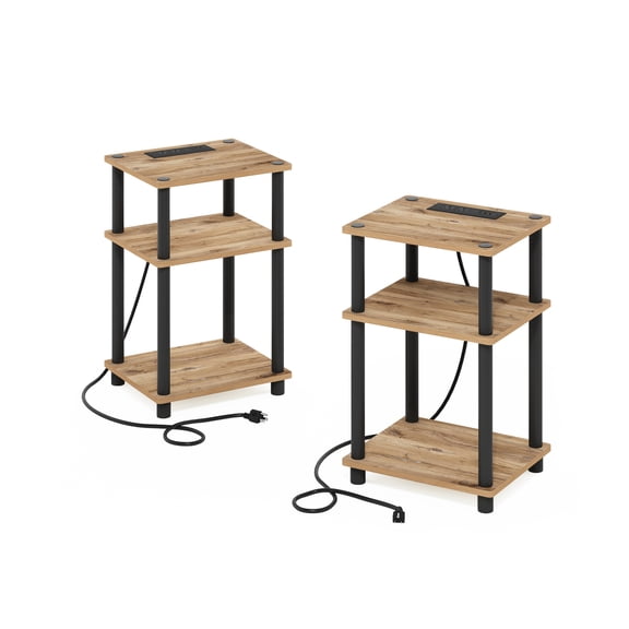 3-Tier End Table with USB & Type-C Ports, Set of 2 - Flagstaff Oak Black