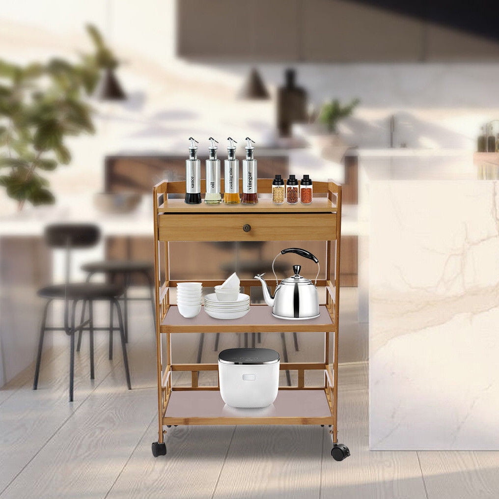 3-Tier Entertainment Kitchen Cart Bathroom Handrail Fence Cart W/Drawer ...