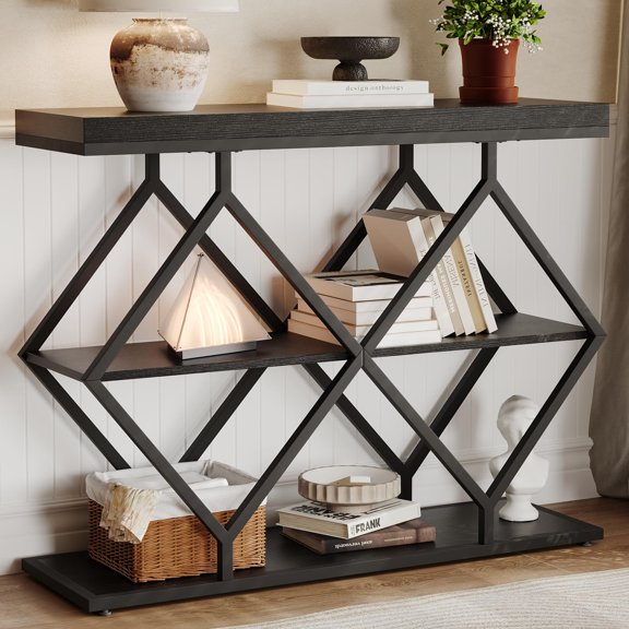 3-Tier Entryway Table, Industrial Console Sofa Table with Storage, Accent Table with Open Shelves, Diamond-Shaped Metal Frame,Foyer Storage Accent Table with Adjustable Feet for Entryway, Hallway