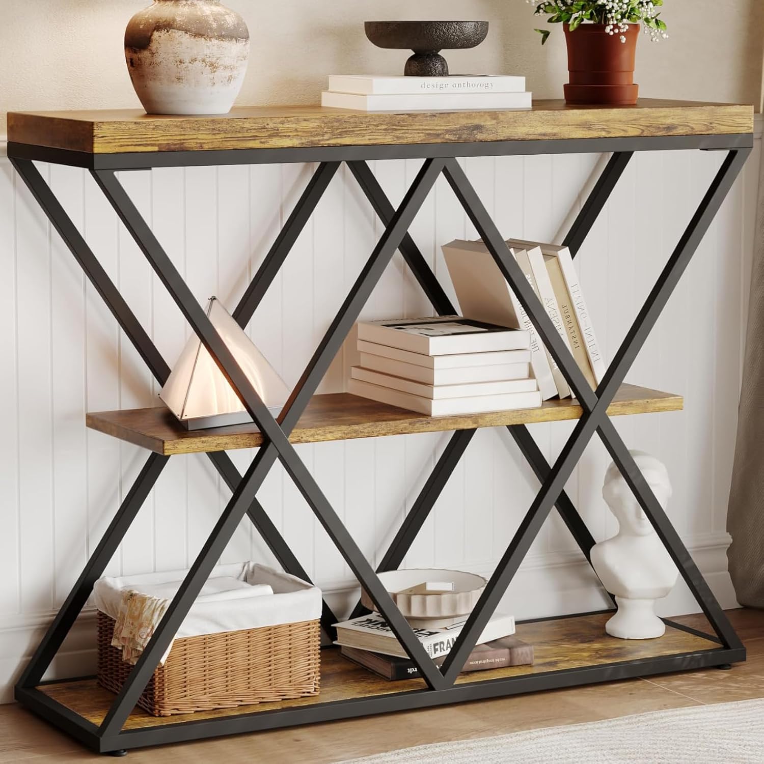 3-Tier Entryway Table, Industrial Console Sofa Table with Storage ...