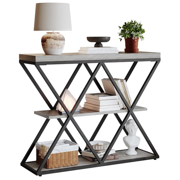 3-Tier Entryway Table, Industrial Console Sofa Table with Storage, Accent Table with Open Shelves, X-Shaped Metal Frame, Foyer Table for Entryway, Hallway, Gray