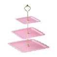 thumbnail image 1 of 3-Tier European Dessert Stand – Square Plastic Trays with Gold Metal Frame, for Serving Cakes, Fruits, or Snacks, Easy Assembly, Perfect for Parties and Coffee Table, Pink, 1 of 6