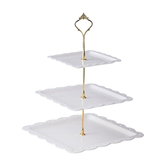 3-Tier European Dessert Stand – Square Plastic Trays with Gold Metal Frame, for Serving Cakes, Fruits, or Snacks, Easy Assembly, Perfect for Parties and Coffee Table, White