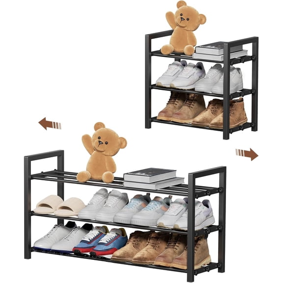 3-Tier Expandable , Adjustable Shoe Shelf Storage Organizer Heavy Duty Metal Free Standing for Entryway Closet Doorway (Black)