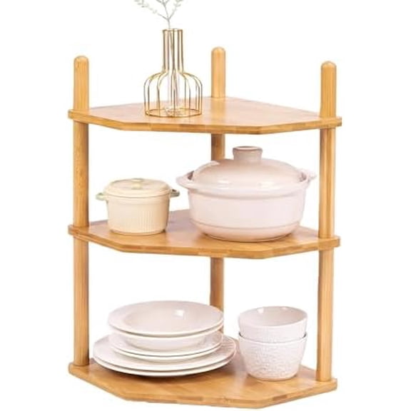 3 Tier Expandable Bamboo Corner Shelf - Dish/Plate Organizer for Cabinet, Kitchen Counter Shelf & Small Kitchen Shelf, Adjustable