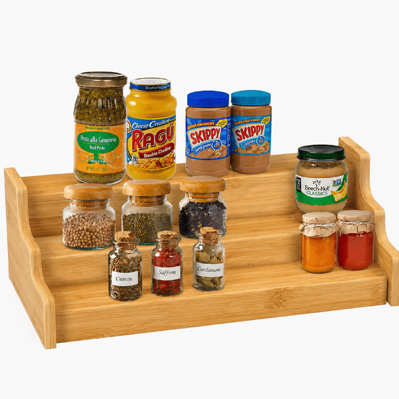 3-Tier Expandable Bamboo Spice Rack Organizer - Adjustable Kitchen Cabinet Shelf - 12.7" to 22.2" - Yellow