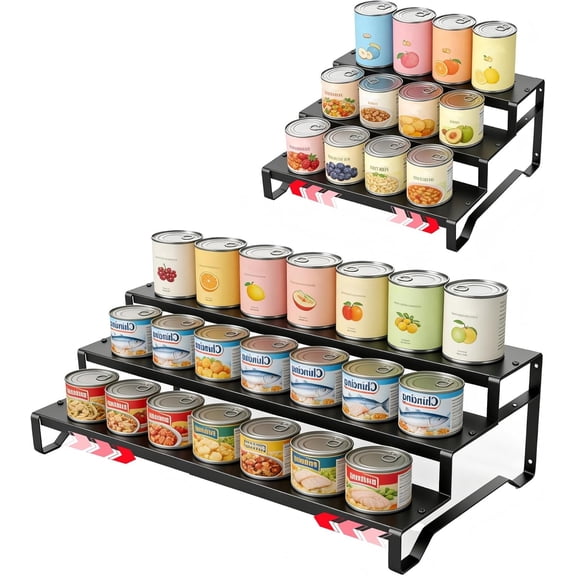 3 Tier Expandable Can Rack Organizer for Pantry, Adjustable 13"-21" Metal Soda Can Organizer, Pantry Organization Canned Food Storage Holder for Kitchen Cabinet Countertop, Black 1Pack