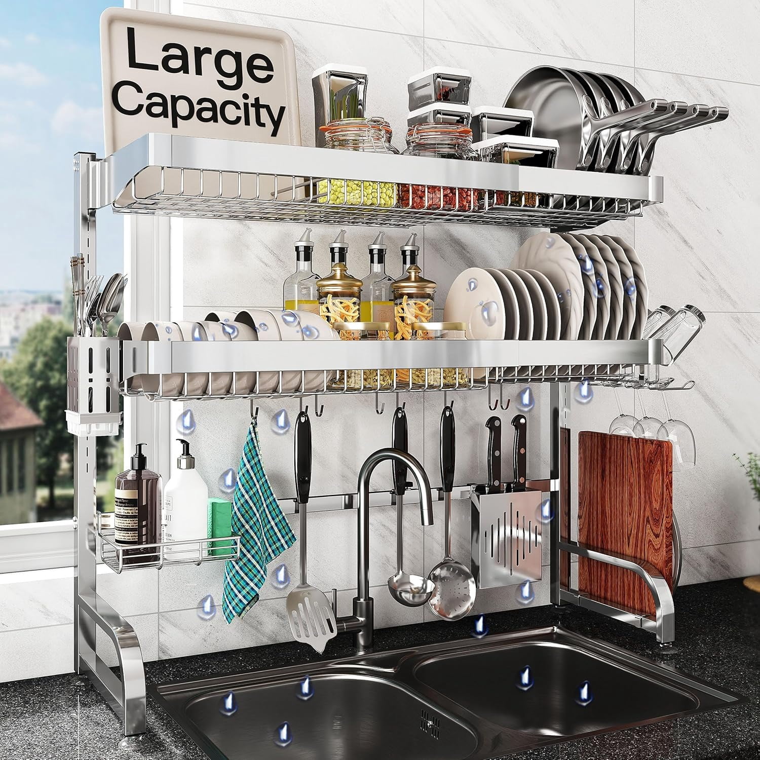 3-Tier Expandable Over-the-Sink Dish Drying Rack, Extra Large Stainless ...
