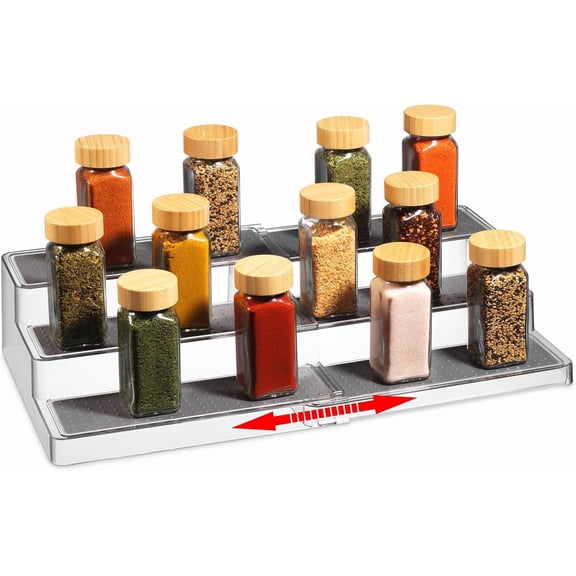 Expandable 3-Tier Clear Adjustable Spice Organizer Rack for Kitchen Cabinet and Pantry Storage, Tiered Shelf Spice Storage Solution