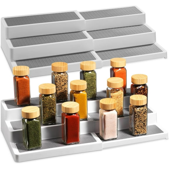 3–Tier Expandable Plastic Spice Rack - Adjustable Length, Stability with Non-Skid Shelf, Three Tiers for Easy Visibility, Organizer for Kitchen Cabinet, Pantry or Countertop, White/Grey